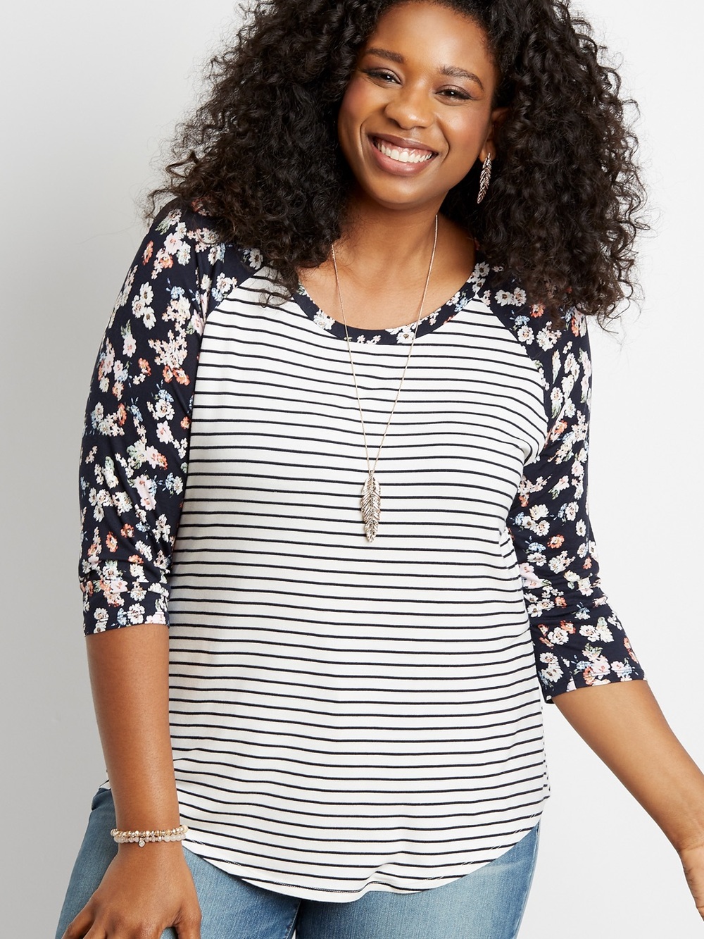 Maurices Plus Size 24/7 Floral & Black/White Striped Baseball Tee Shirt